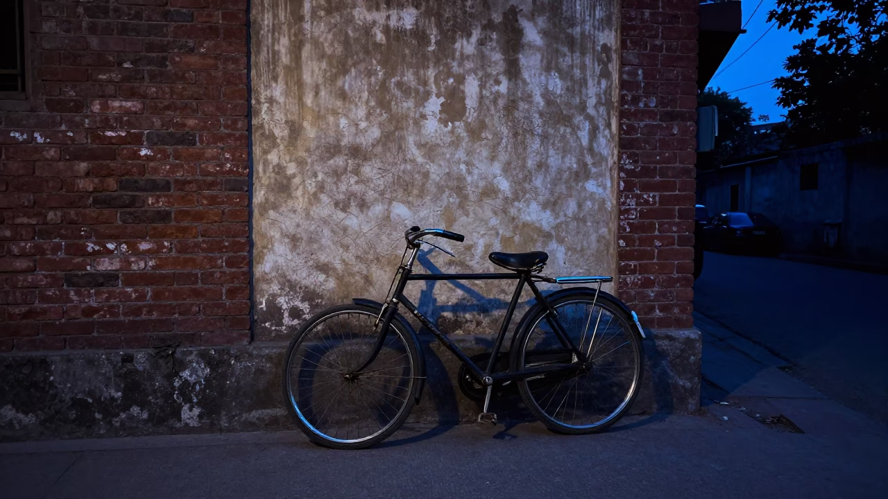 Delhi street scene at indigo twilight with vintage bicycle and koshari plate in in Delhi, India