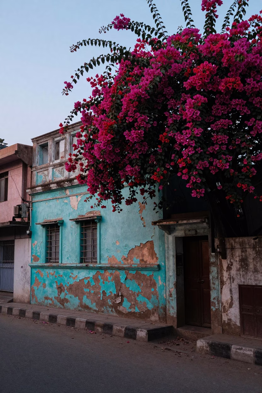 Delhi Street Scene at Nautical Dawn with Bougainvillea and Peeling Turquoise Paint in in Delhi, India