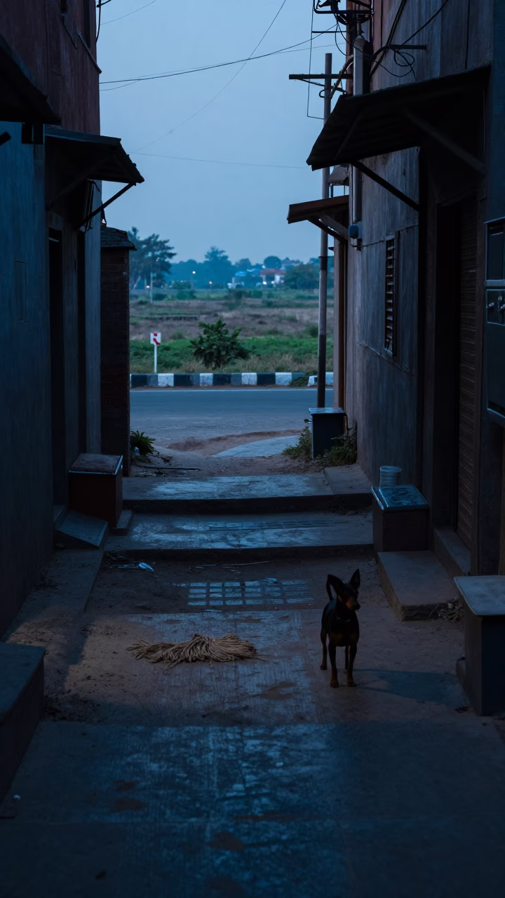 Delhi Street Scene at Nautical Dawn with Miniature Pinscher and School Staircase in in Delhi, India