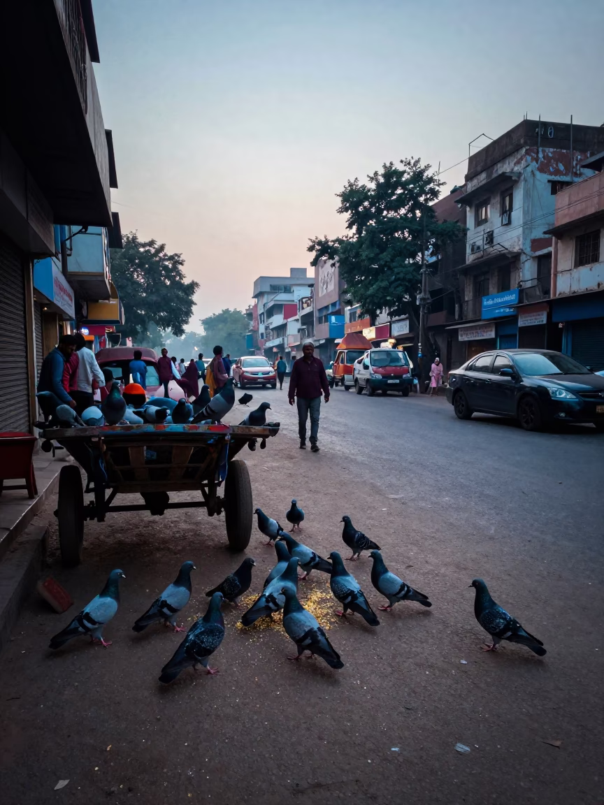 Delhi Street Scene at Nautical Dawn with Pigeons and Local Vendor in in Delhi, India