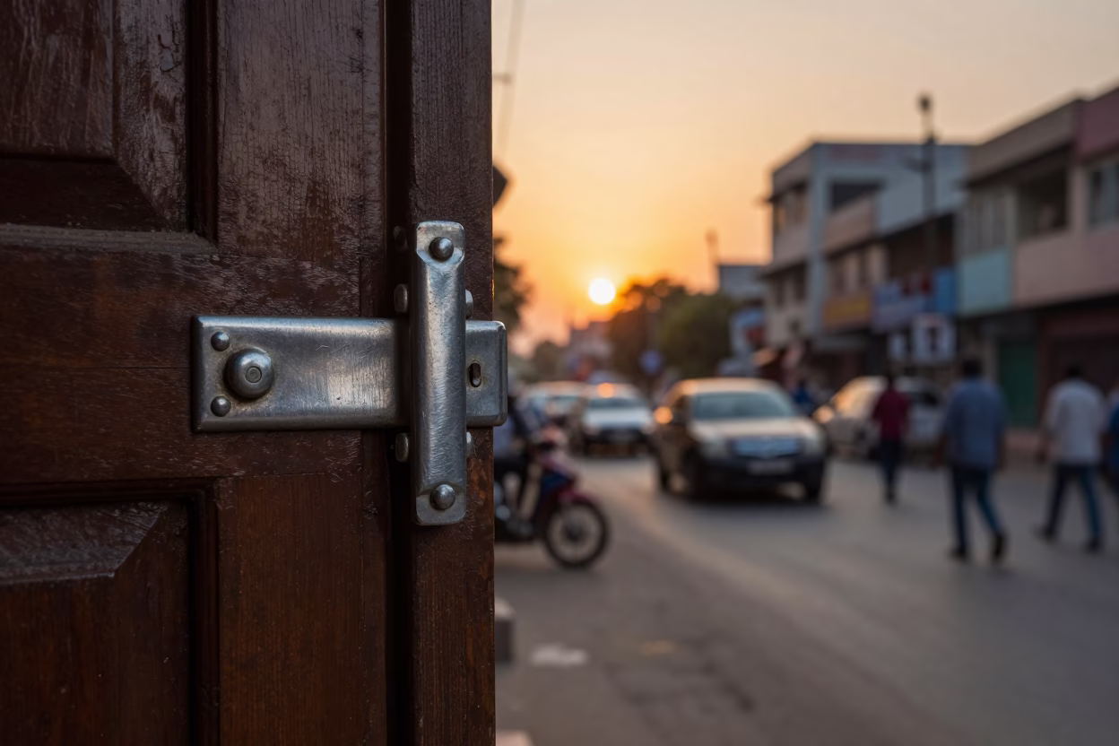 Delhi Street Scene at Sunset with Brushed Steel Latch and Urban Life in in Delhi, India