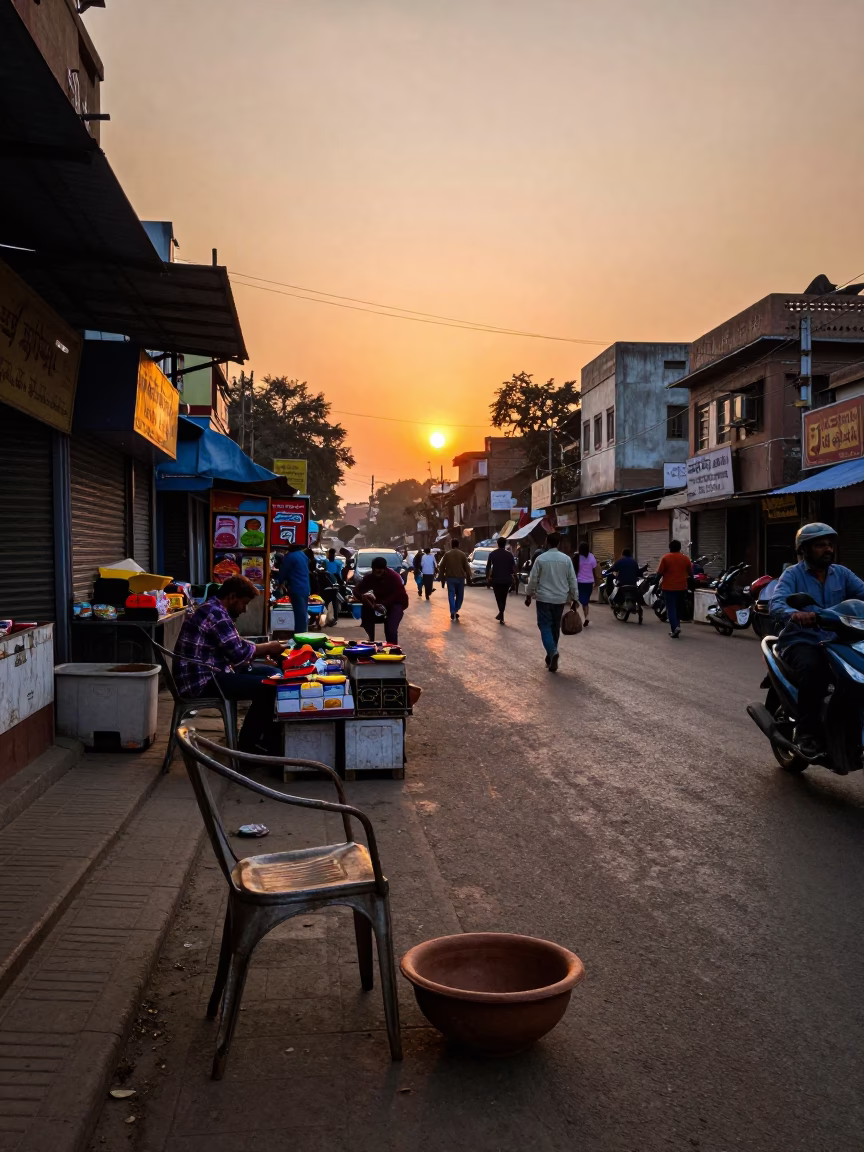 Delhi Street Scene at Sunset with Colorful Vendors and Traditional Architecture in in Delhi, India
