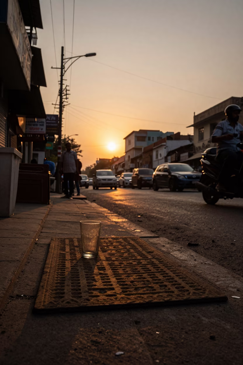 Delhi Street Scene at Sunset with Glass Tumblers and Local Market Activity in in Delhi, India