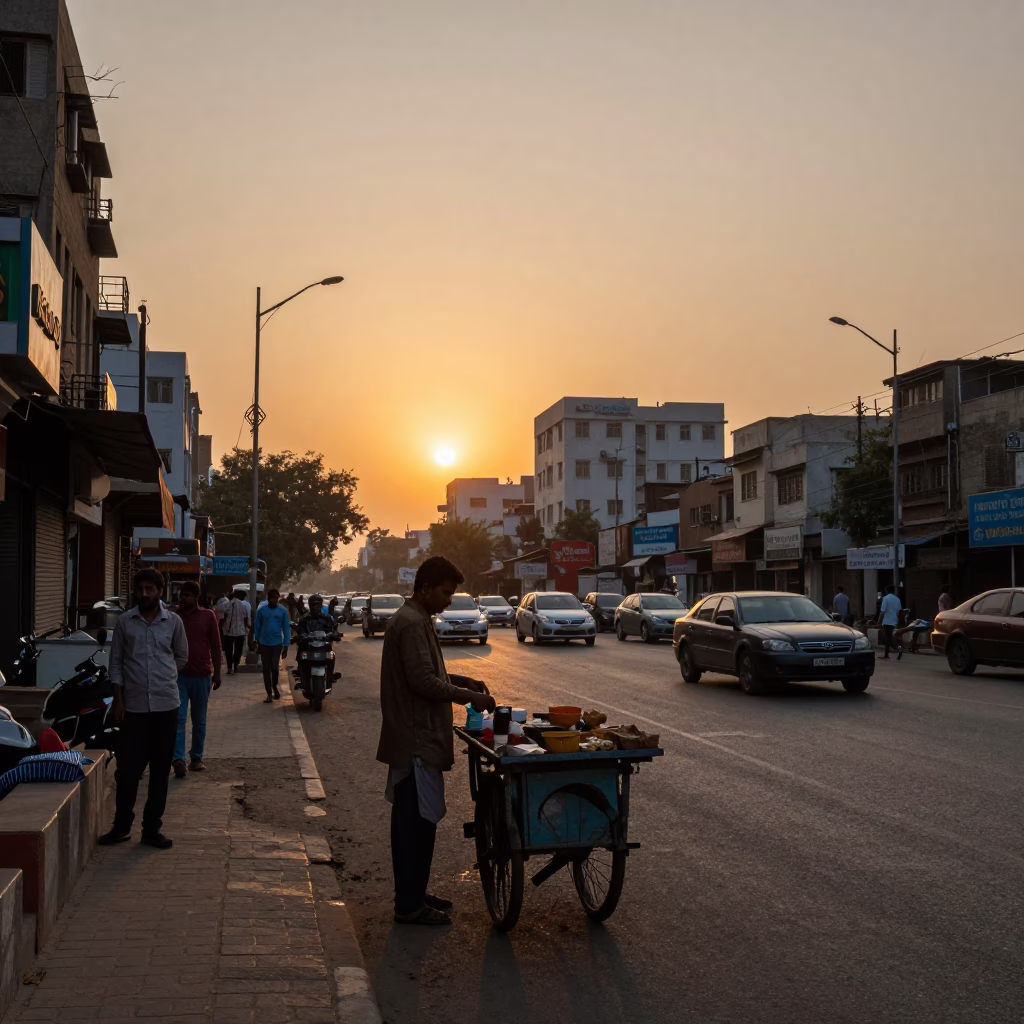 Delhi Street Scene at Sunset with Local Vendor and Traditional Decor in in Delhi, India