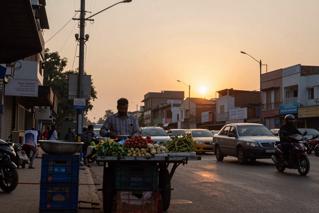 Delhi Street Scene at Sunset with Local Vendor and Traditional Items in in Delhi, India