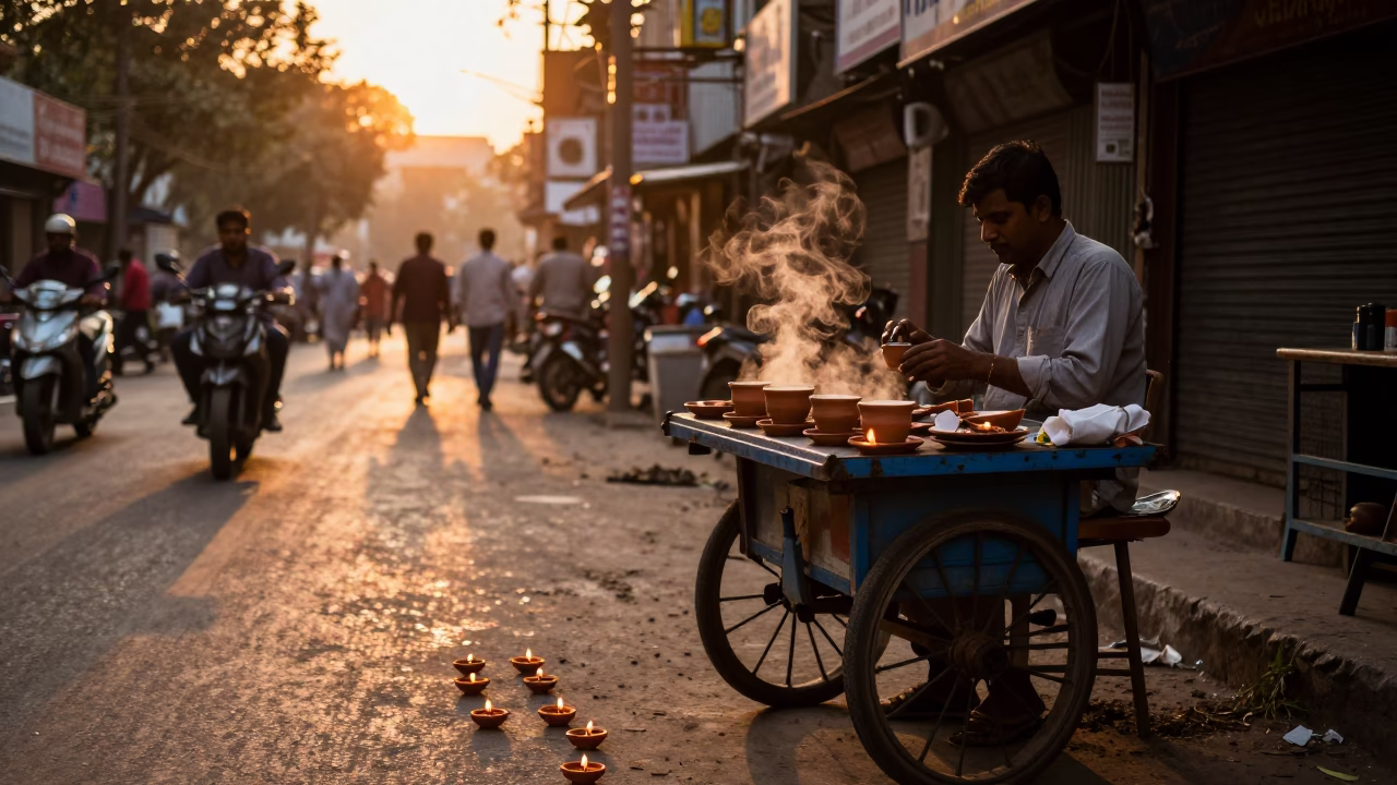 Delhi Street Scene at Sunset with Masala Chai and Diwali Lamps in in Delhi, India