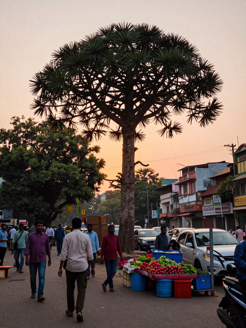 Delhi street scene at sunset with monkey puzzle tree and local vendors in in Delhi, India