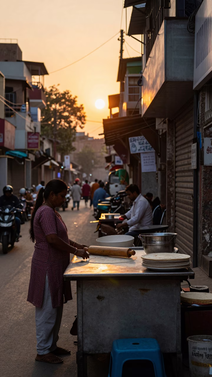 Delhi Street Scene at Sunset with Rolling Pin and Towels in Local Shop in in Delhi, India