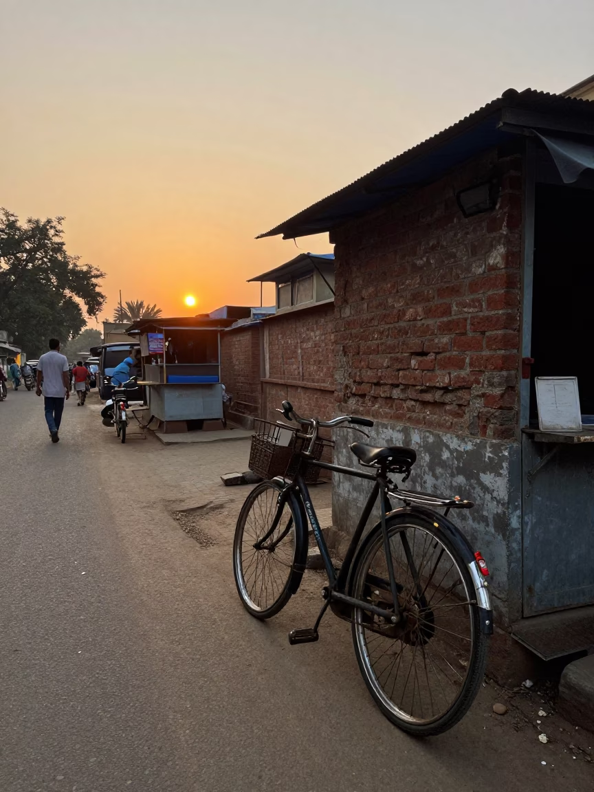 Delhi street scene at sunset with vintage bicycles and traditional chai vendor in in Delhi, India