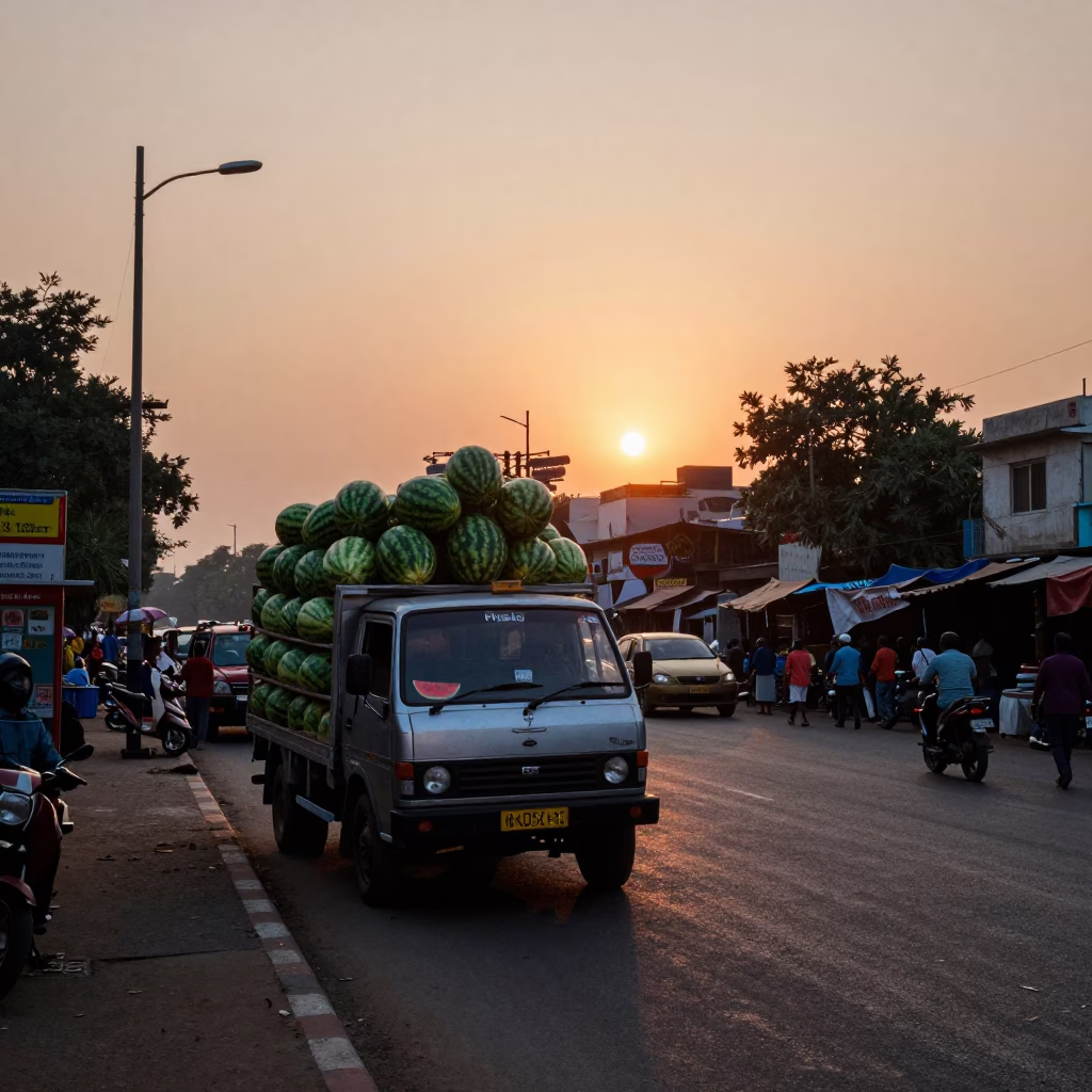 Delhi Street Scene at Sunset with Watermelon Truck and Urban Activity in in Delhi, India