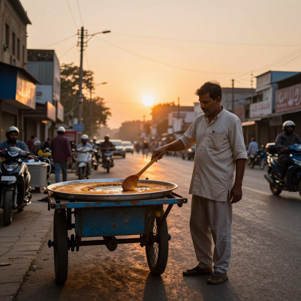 Delhi street scene at sunset with wooden spoon and kunafa tray in in Delhi, India