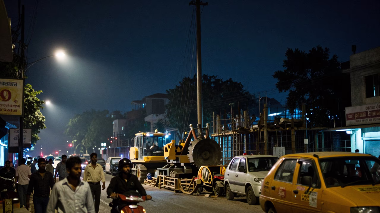 Delhi Street Scene at The Deepest Night Sky Light in in Delhi, India