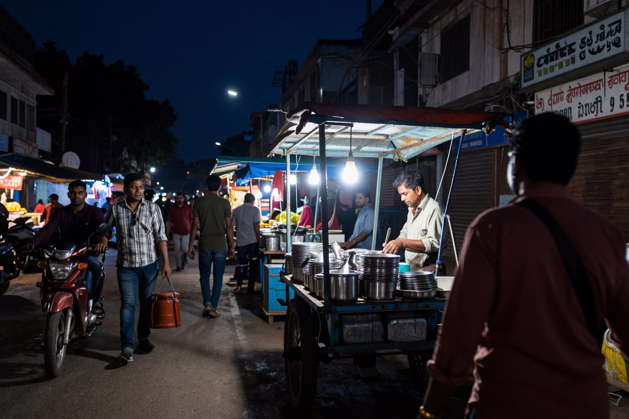 Delhi Street Scene at The Deepest Night Sky Light in in Delhi, India