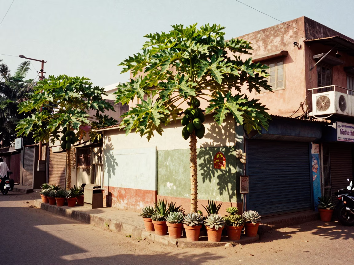 Delhi Street Scene Early Afternoon with Papaya Tree and Terracotta Pots in in Delhi, India