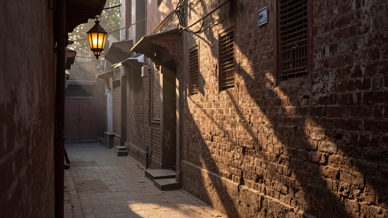 Delhi street scene just after sunrise with lantern-lit alley and address book in in Delhi, India