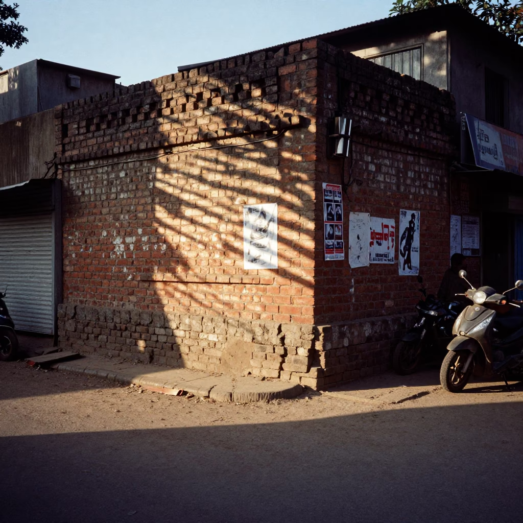 Delhi Street Scene Late Afternoon Light with Sunlight Stripes and Local Market Activity in in Delhi, India