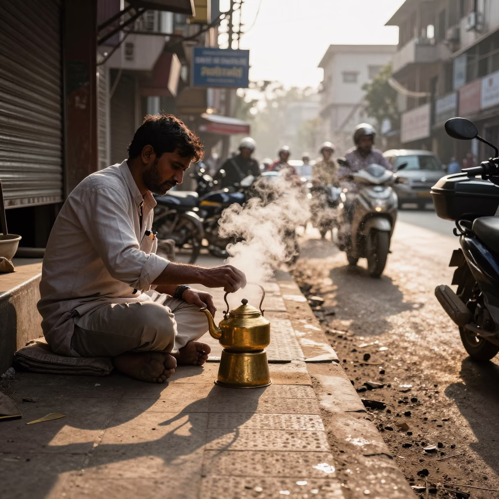 Delhi Street Scene Late Afternoon Tea Kettle Steam and Daily Life in in Delhi, India