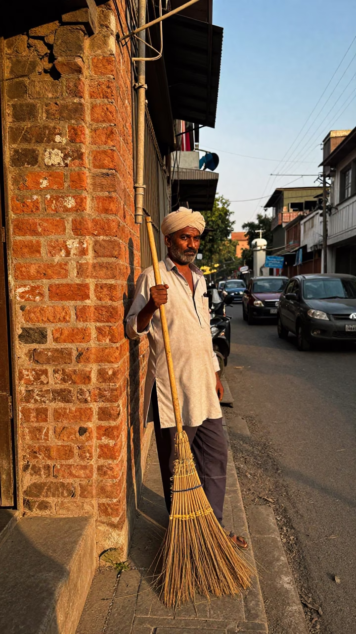 Delhi Street Scene Late Afternoon with Brooms and Railway Viaduct in in Delhi, India