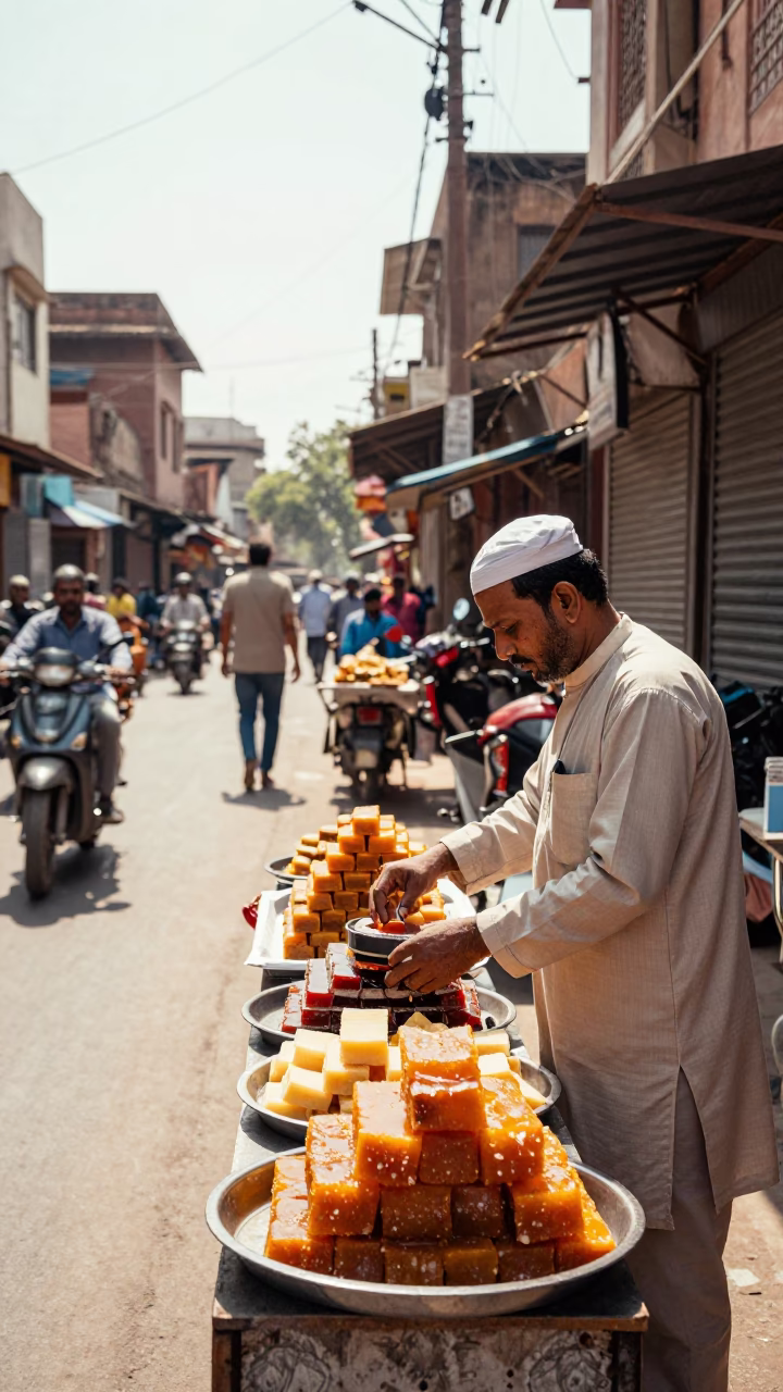 Delhi Street Scene Under Flat Noon Glare With Traditional Sweets And Ceramic Cup in in Delhi, India