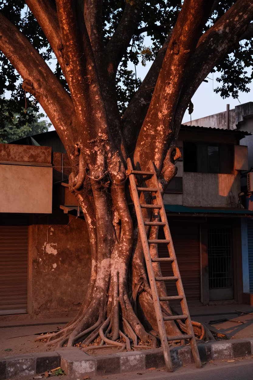 Delhi Street Scene with Kapok Tree and Wooden Ladder in Copper Dusk Light in in Delhi, India