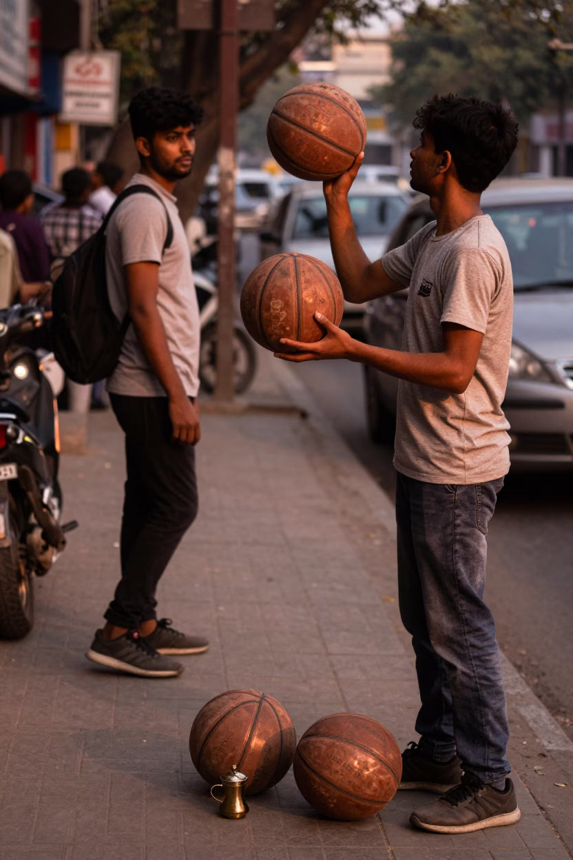 Delhi Street Scene with Old Leather Basketballs and Tea Stains in Copper Dusk Light in in Delhi, India