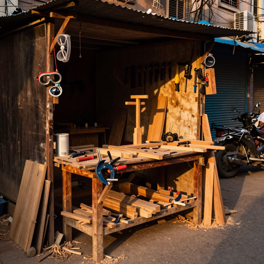 Delhi street scene with woodshop tools and safety goggles in honeyed evening light in in Delhi, India