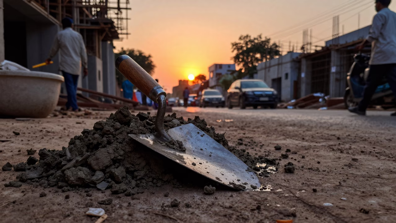 Delhi street sunset scene with mason's trowel and wet mortar on scaffold in in Delhi, India