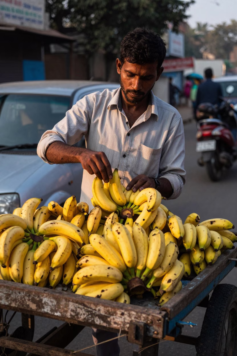 Delhi street vendor arranging fresh bananas under dawn light in in Delhi, India