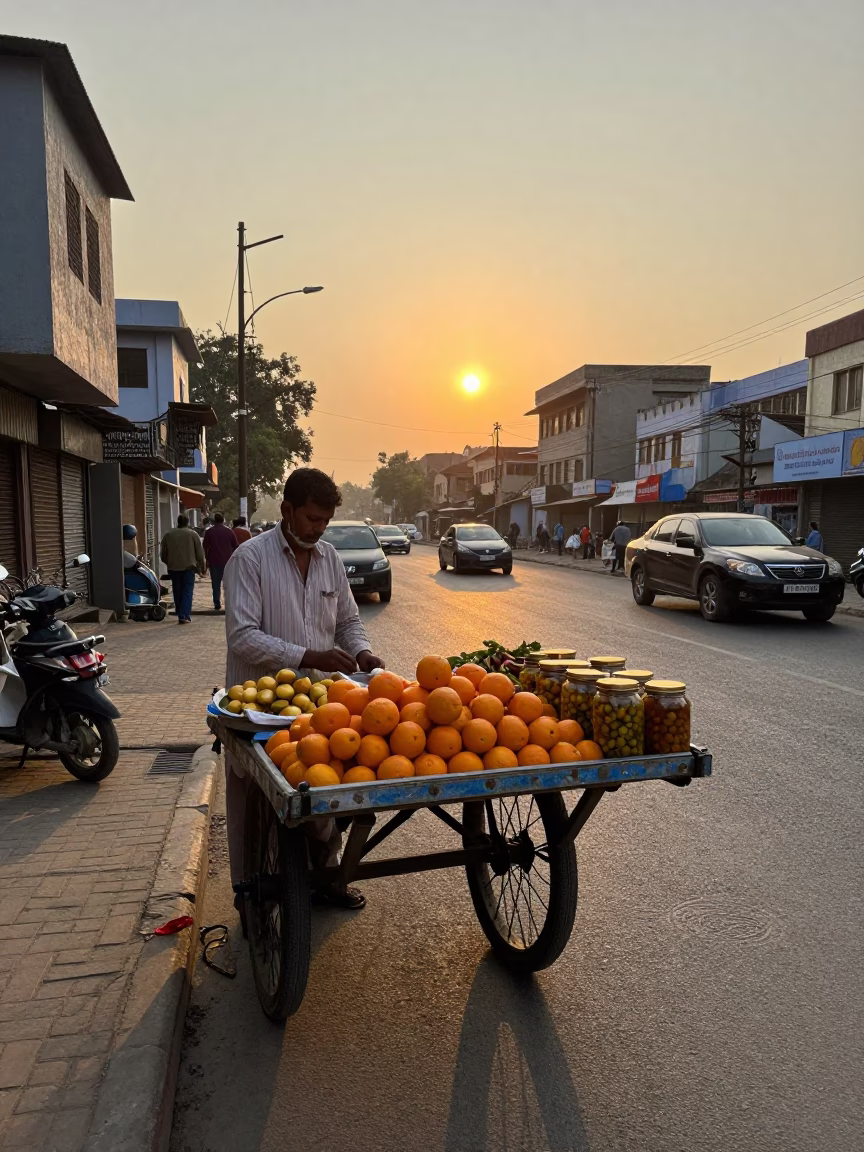 Delhi street vendor arranging fresh fruit and pickle jars at sunset in in Delhi, India