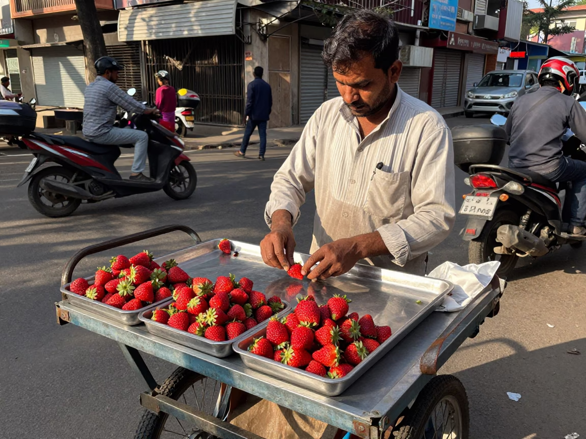 Delhi street vendor arranging fresh strawberries on metal tray in in Delhi, India
