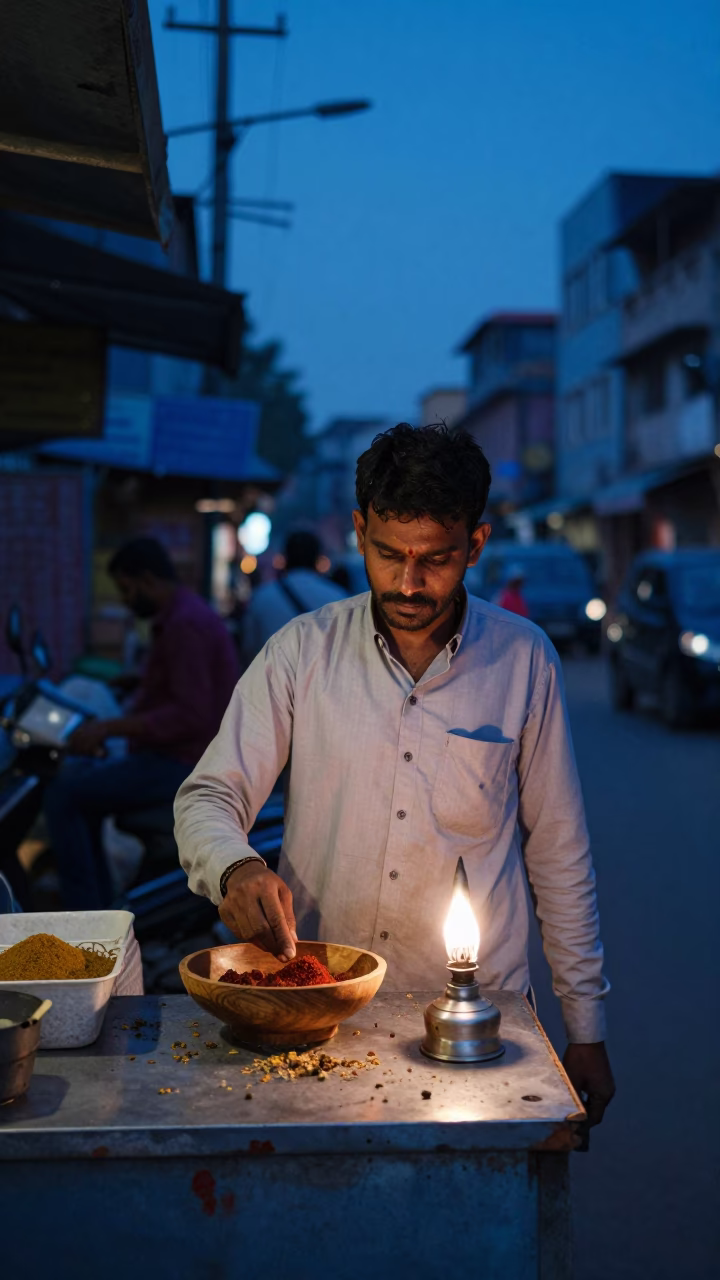 Delhi Street Vendor at Twilight with Wooden Bowl and Smudged Lamp in in Delhi, India