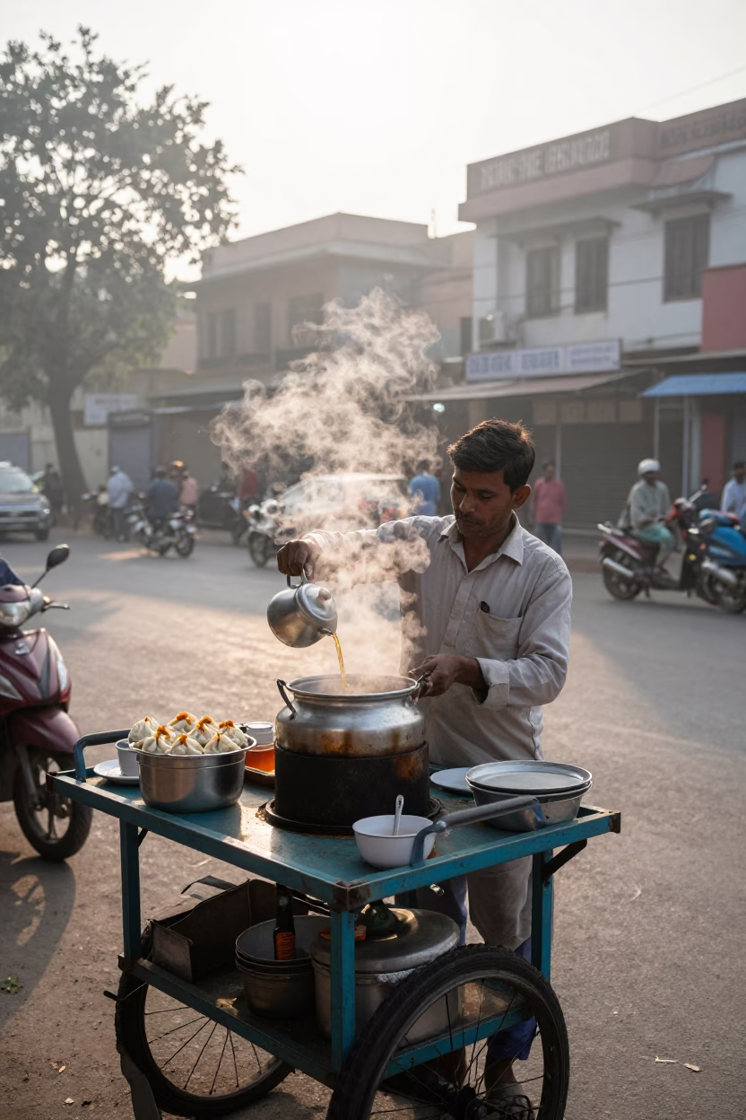 Delhi Street Vendor Early Morning Tea and Momos Before Sunrise in in Delhi, India