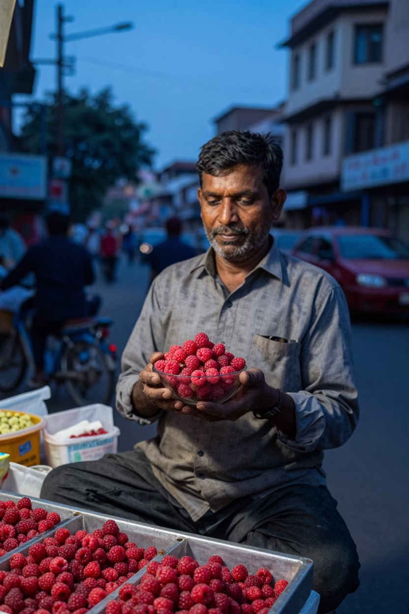 Delhi Street Vendor Evening Scene with Raspberries and Local Interaction in in Delhi, India