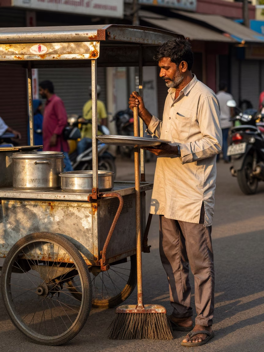 Delhi Street Vendor Golden Hour Rusty Cart Broom and Serving Platter in in Delhi, India