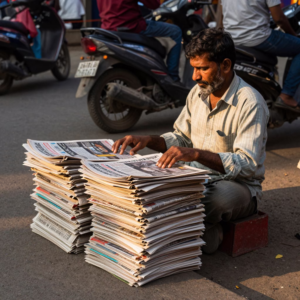 Delhi Street Vendor Late Afternoon Scene with Newspaper Stack and Woven Baskets in in Delhi, India