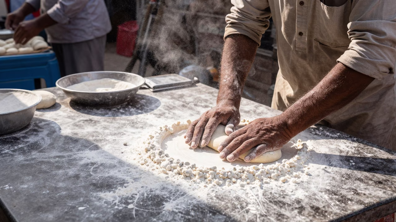 Delhi Street Vendor Midmorning Flour Dust and Hands Preparing Food in in Delhi, India