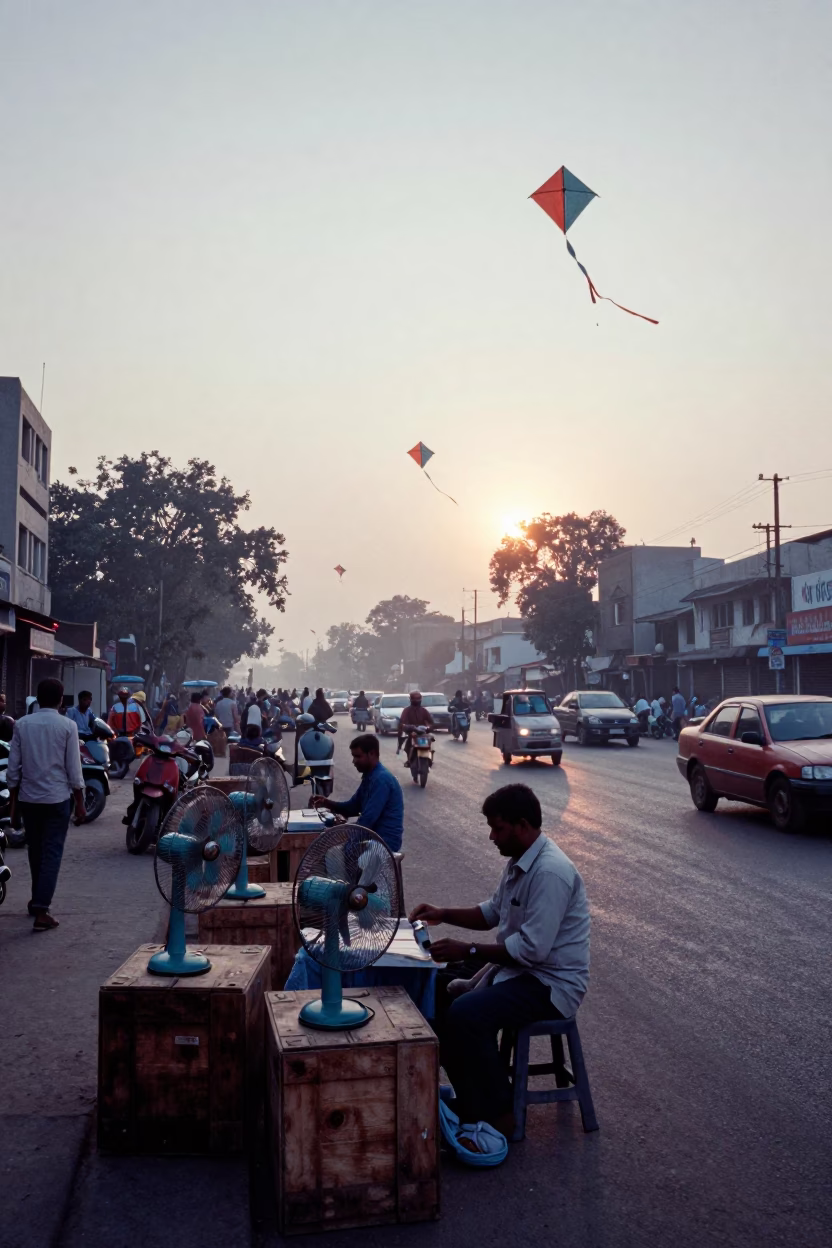 Delhi Street Vendor Morning Activity Before Sunrise with Kites and Fans in in Delhi, India