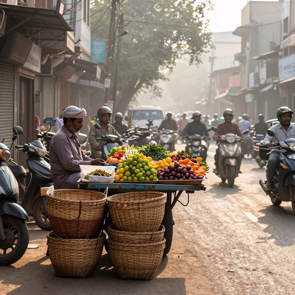 Delhi Street Vendor Morning Sales with Woven Baskets and Fresh Produce at Sunrise in in Delhi, India