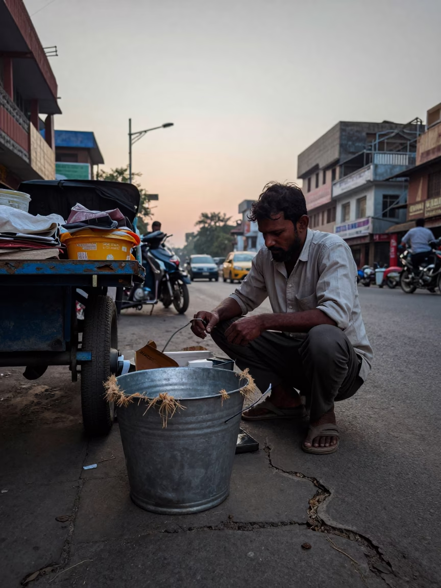 Delhi Street Vendor Pre-Dawn Setup with Metal Bucket and Twine Fibers in in Delhi, India