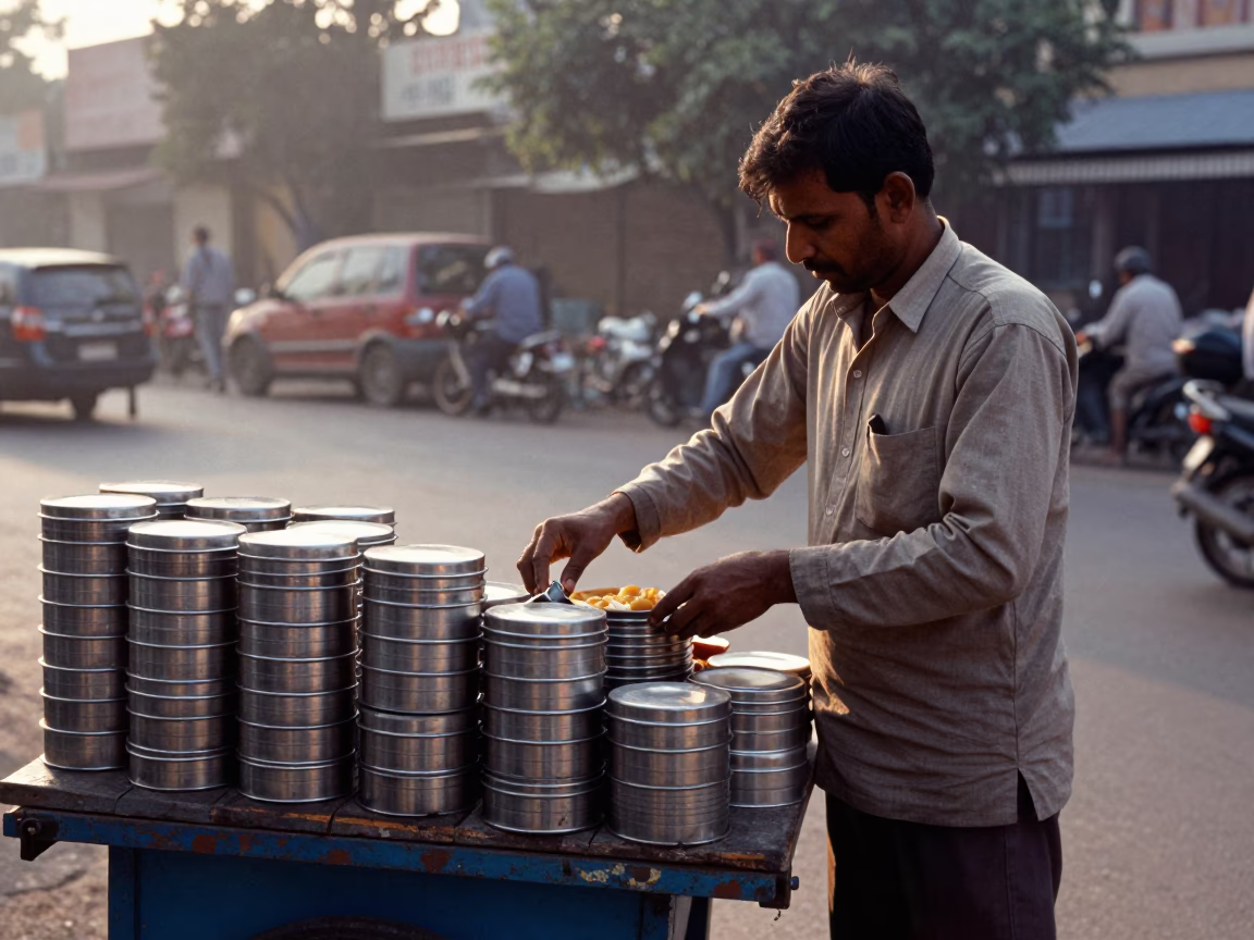 Delhi street vendor preparing breakfast with tiffin tin and newspapers after sunrise in in Delhi, India