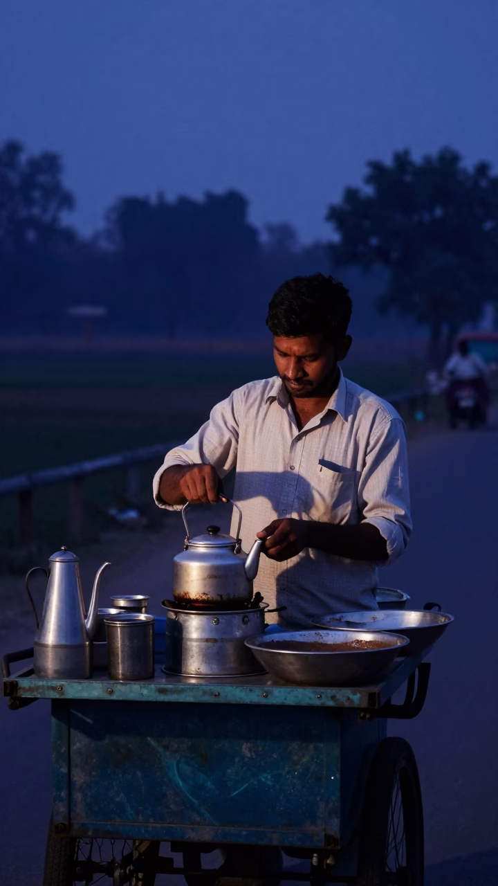 Delhi street vendor preparing chai in pre-dawn light before sunrise in in Delhi, India