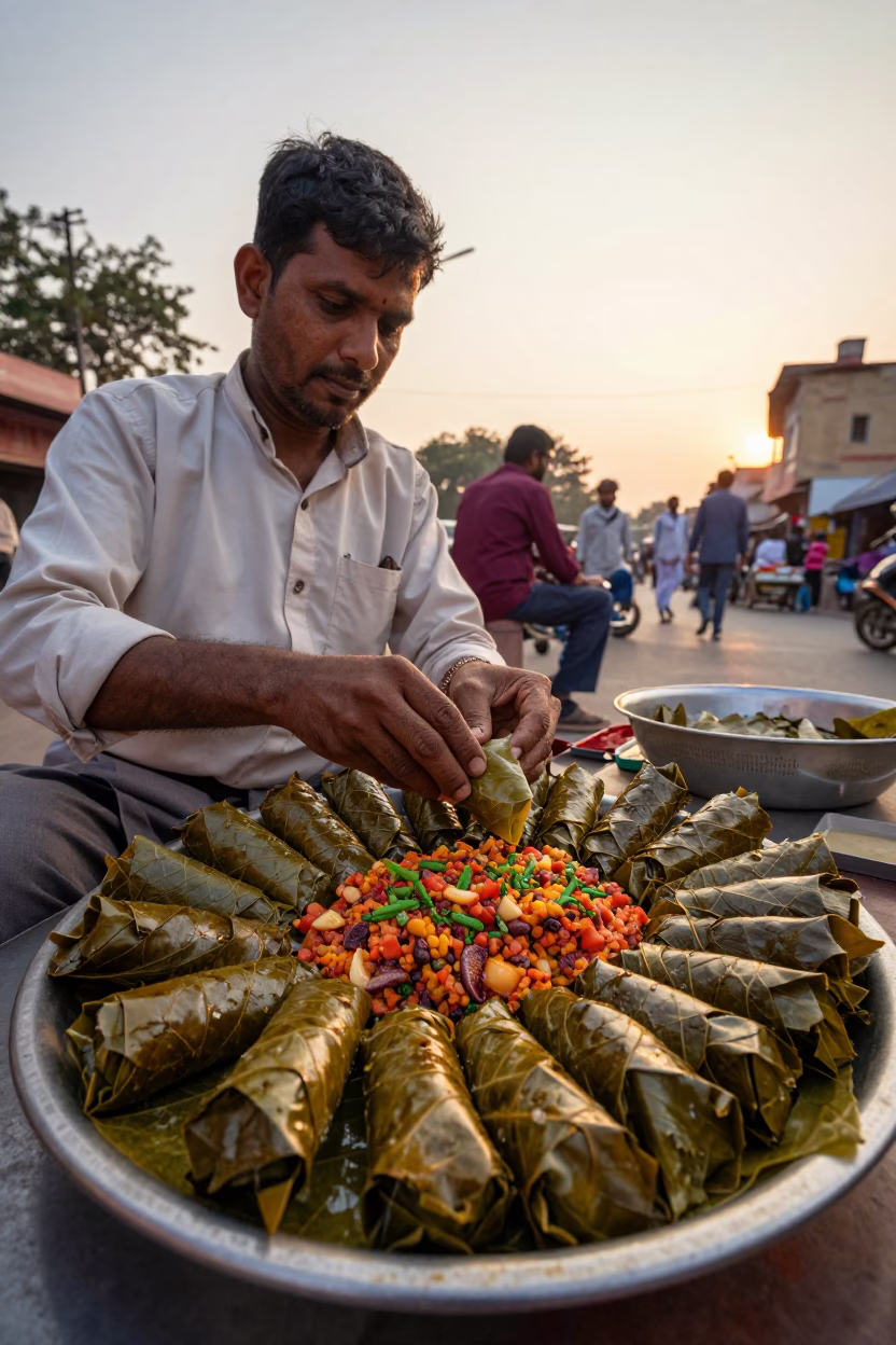 Delhi street vendor preparing fresh dolma in grape leaves at sunset in in Delhi, India