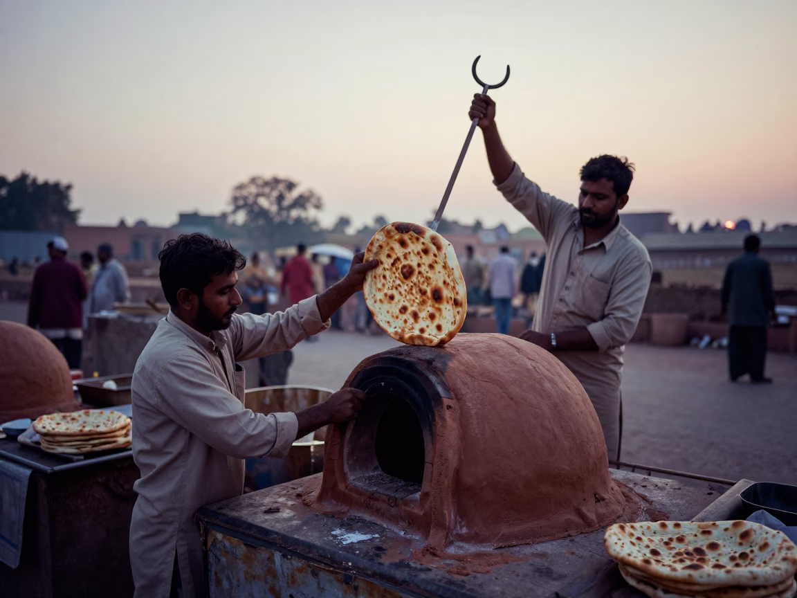 Delhi street vendor preparing fresh tandoori naan at dawn with clay oven and customers in in Delhi, India