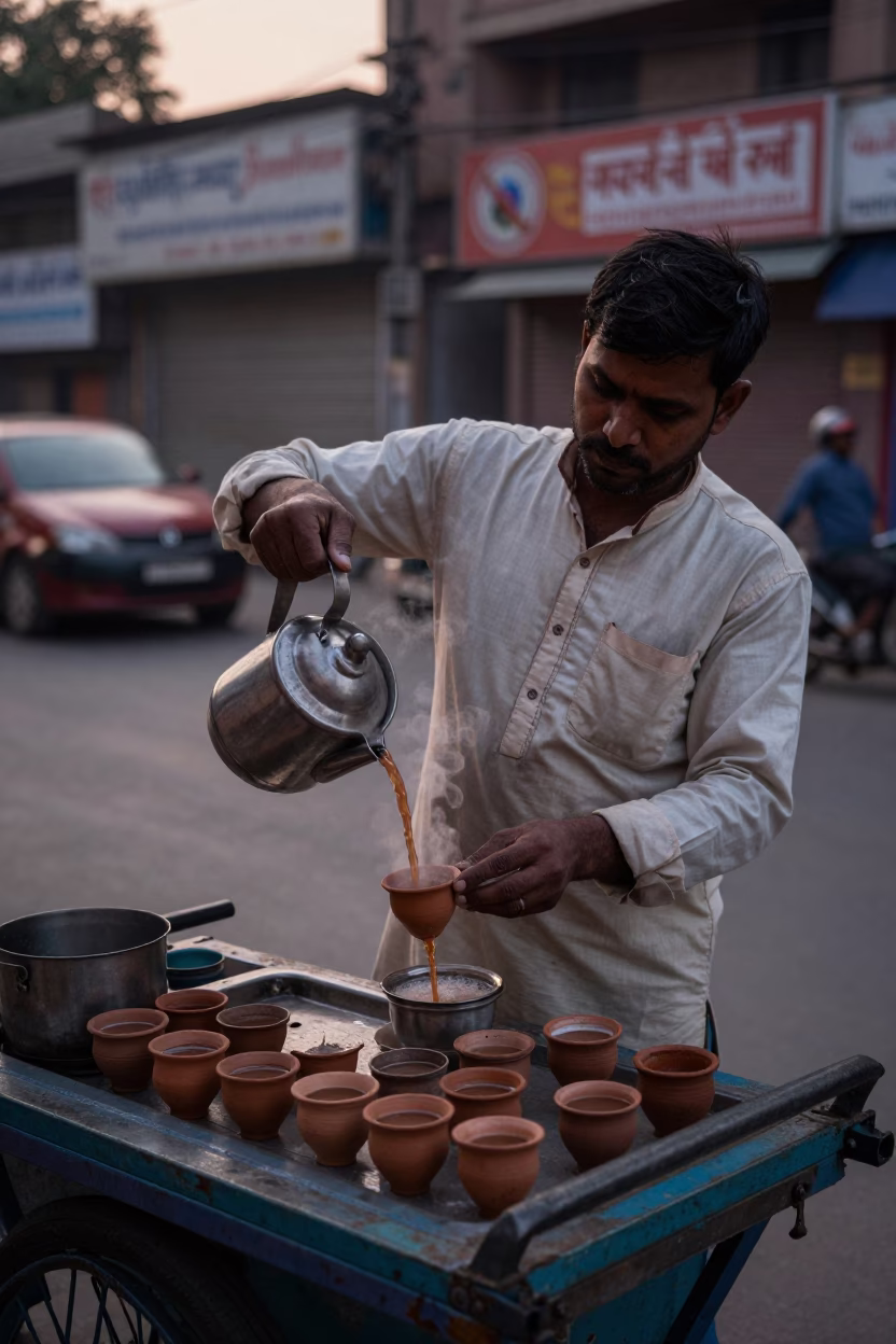 Delhi Street Vendor Preparing Hot Tea Before Dawn with Steam and Motorcycle in in Delhi, India