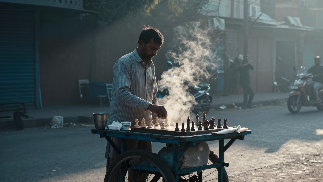 Delhi Street Vendor Preparing Tea at Dawn with Chess Clock and Watermark in in Delhi, India