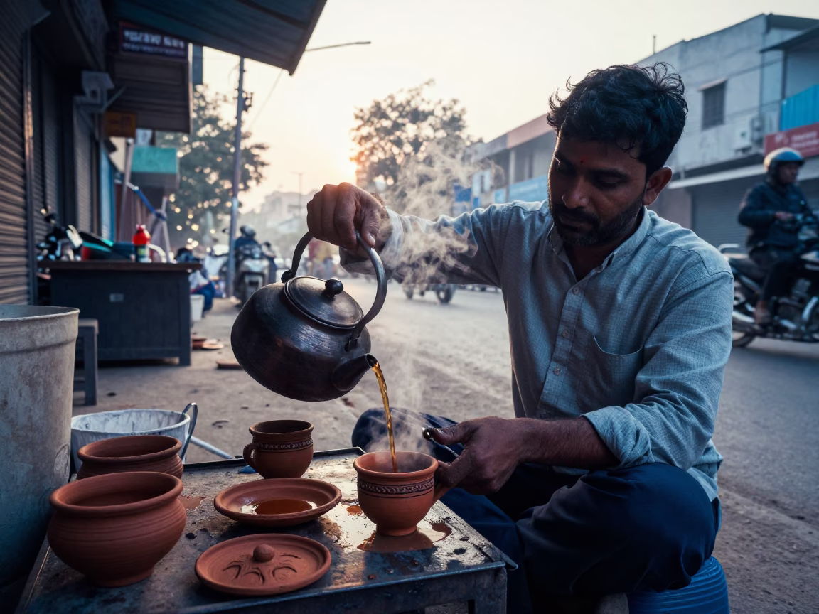 Delhi street vendor preparing tea before sunrise with clay cup and steam in in Delhi, India