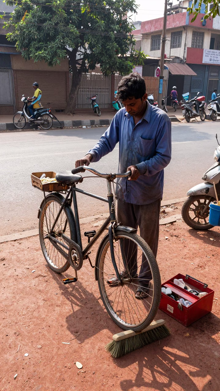 Delhi Street Vendor Repairing Bicycle with Toolbox and Brooms in Late Morning Sun in in Delhi, India