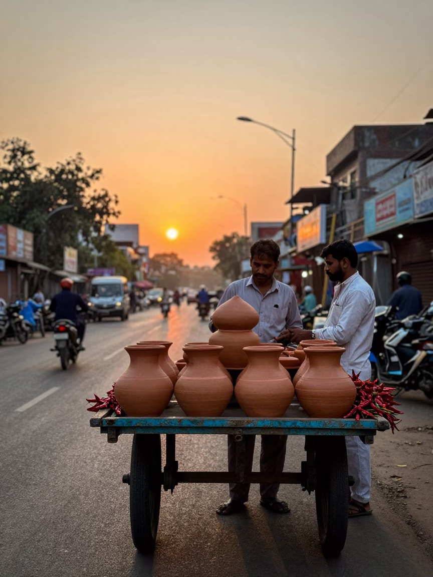 Delhi street vendor selling clay pots and chili peppers at sunset horizon in in Delhi, India