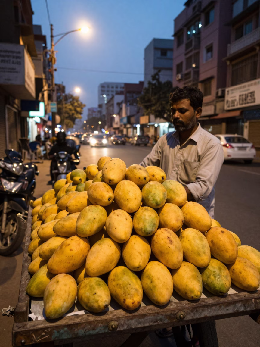 Delhi Street Vendor Selling Fresh Mangoes Under Glowing City Lights in in Delhi, India