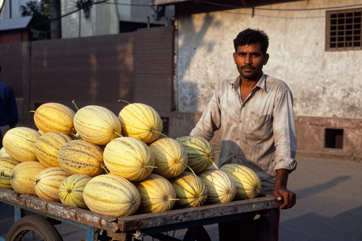Delhi Street Vendor Selling Fresh Melons in Clear Late Afternoon Light in in Delhi, India